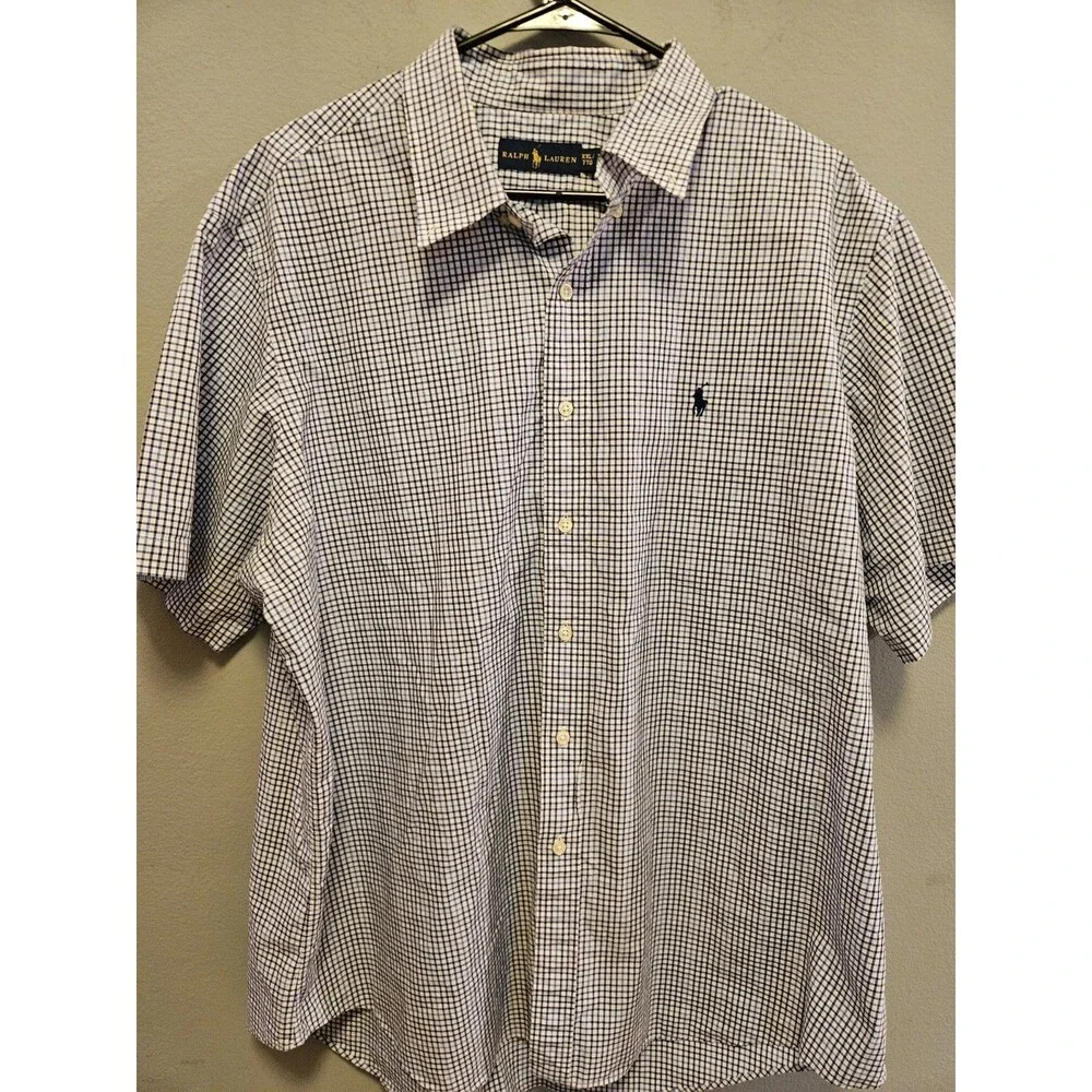 Polo Ralph Lauren Shirt Mens XXL Blue White Check Short Sleeve Button Down Pony
